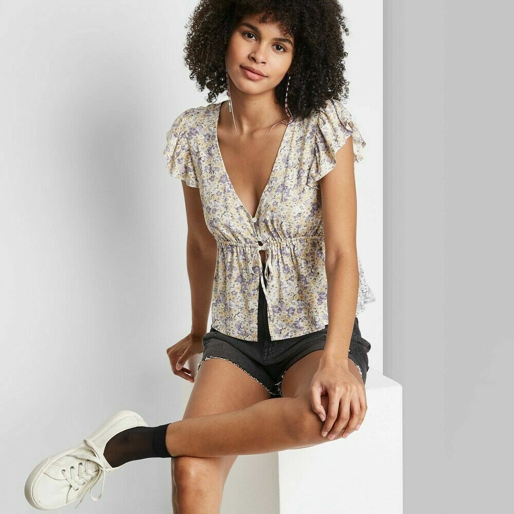 Wild Fable Flutter Sleeve V-Neck Tie-Front Flyaway Top Off-White top Large 122